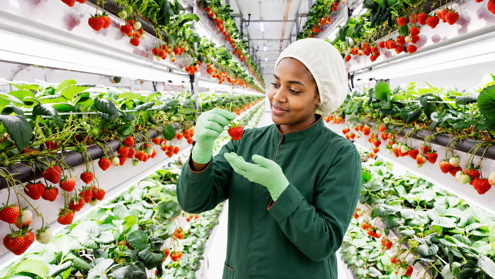 A grower holding a freshly picked strawberry in the growing aisle