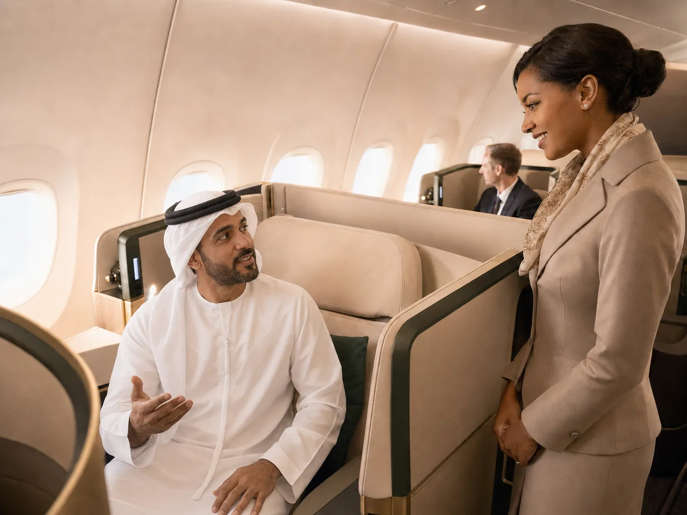 A Gulf premium cabin, where controlled-environment produce is already served
