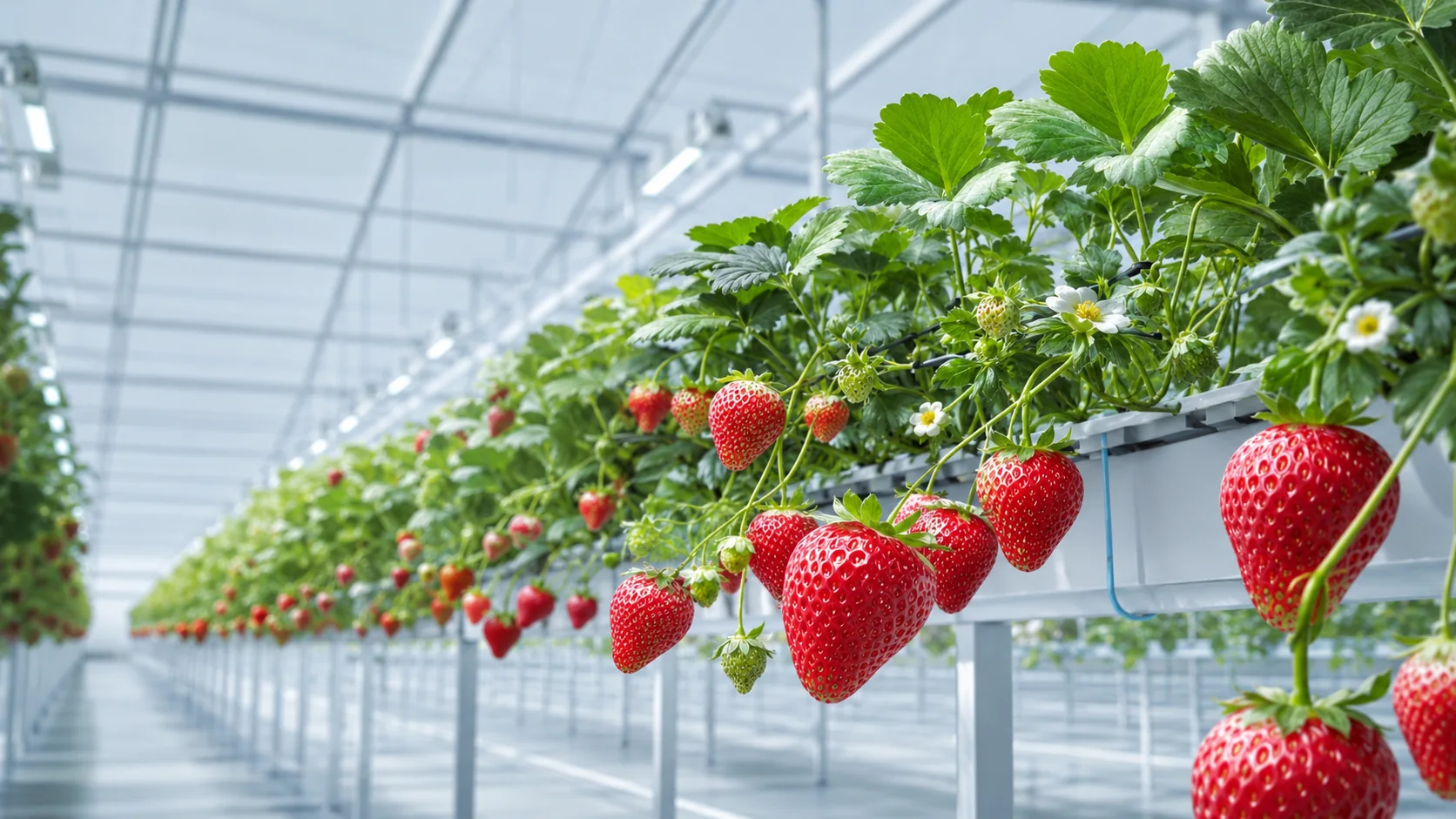 Strawberries hanging from a suspended growing gutter in a bright glasshouse